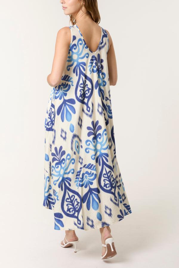Qed London Floral Ikat Print Relaxed Midi Dress