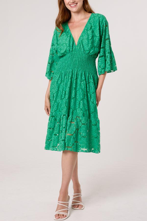 qed london Floral Lace Shirred Bodice Mini Dress