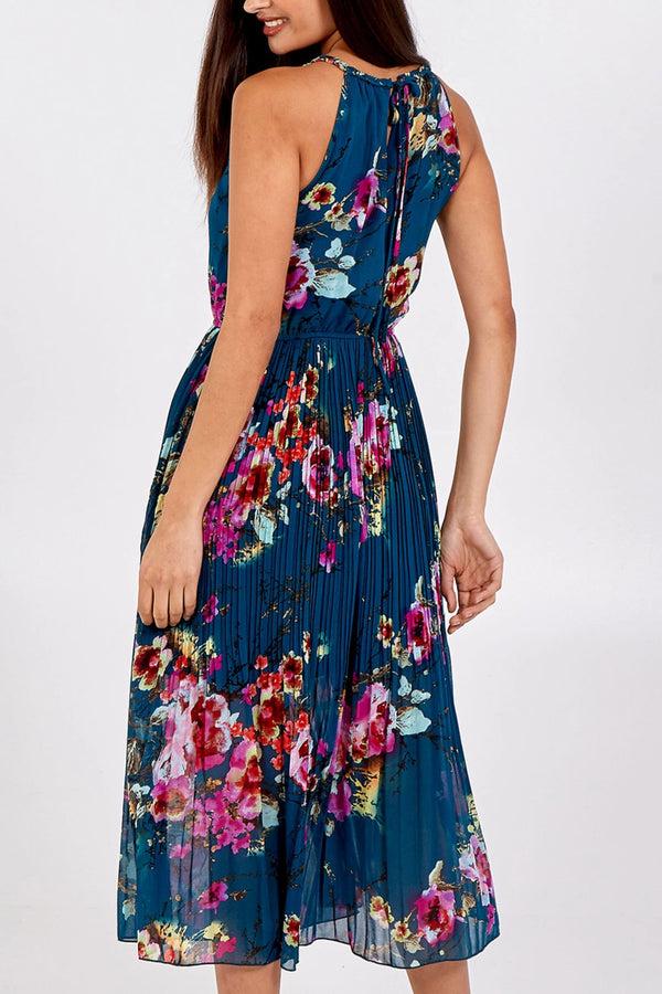 Qed London Floral Pleated Midi Dress