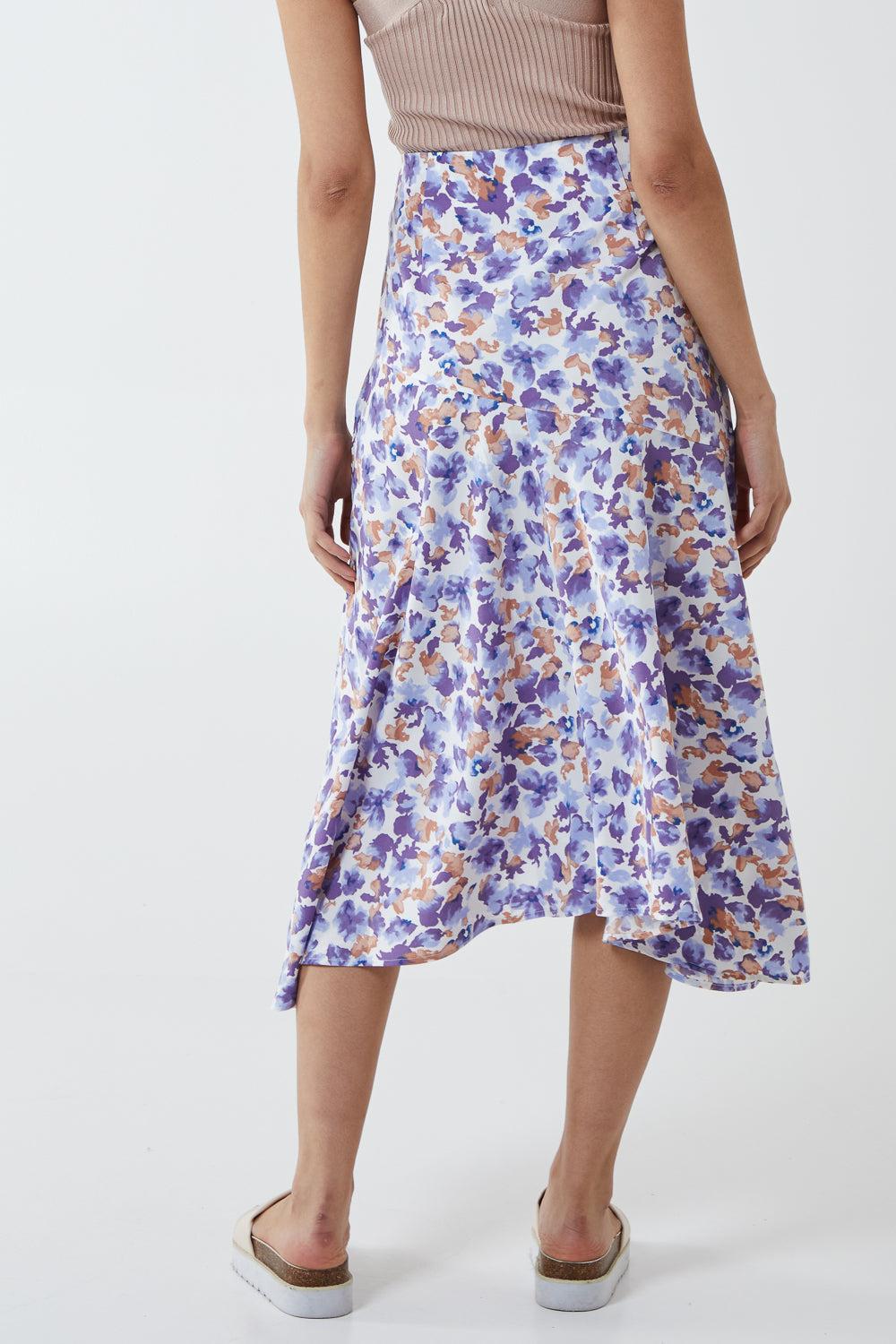 Qed London Floral Print Asymmetric Midi Skirt