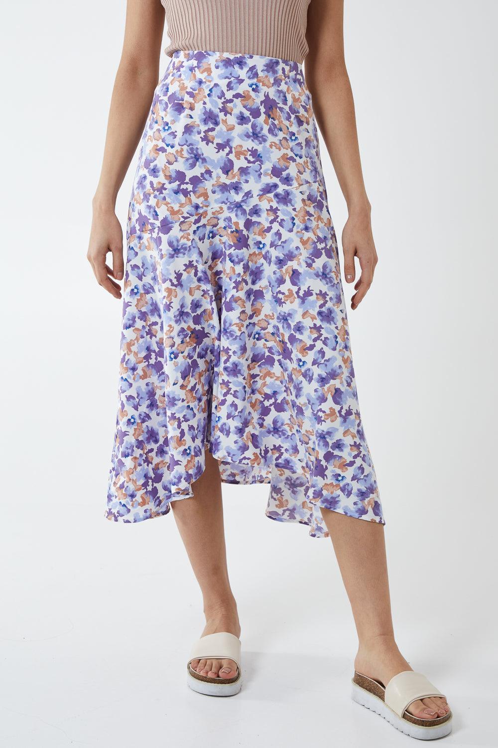 qed london Floral Print Asymmetric Midi Skirt