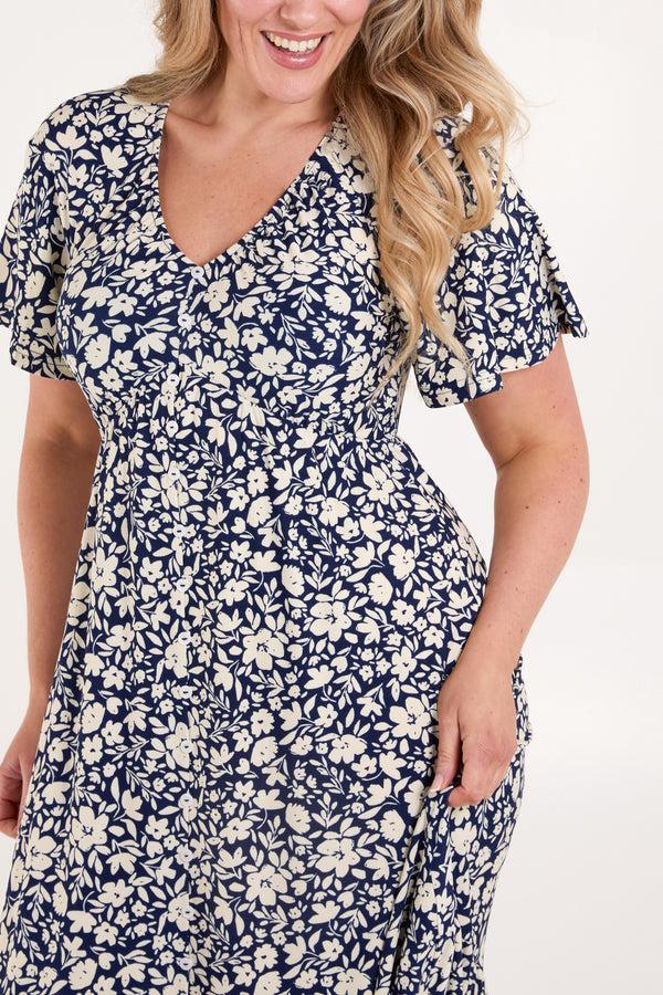 Qed London Floral Print Button Front Midi Dress