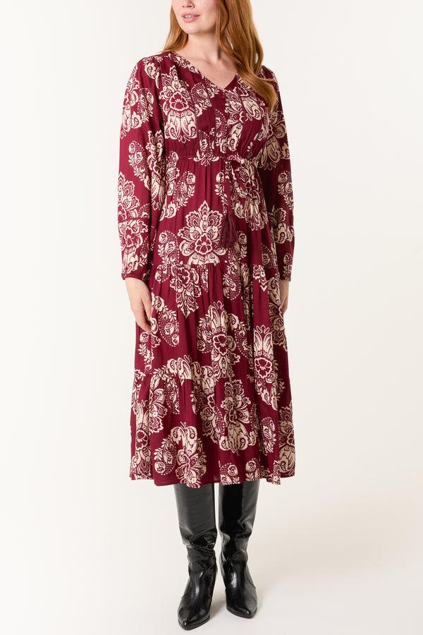 Qed London Floral Print Button & Tassel Midi Dress