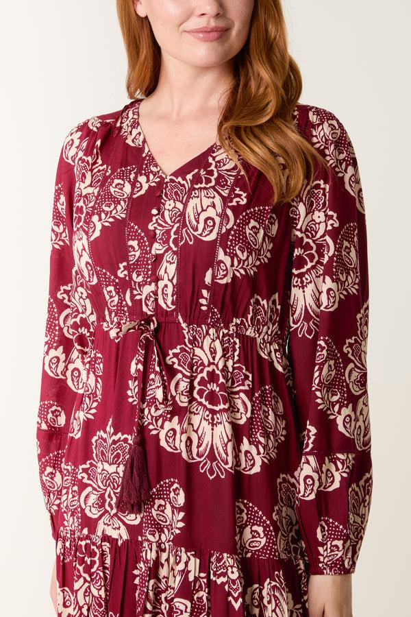 Qed London Floral Print Button & Tassel Midi Dress