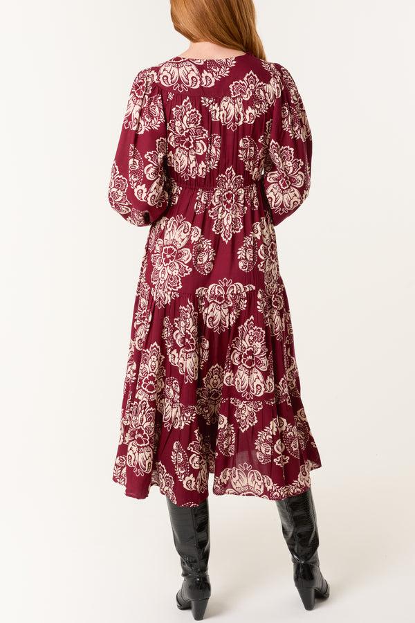 Qed London Floral Print Button & Tassel Midi Dress