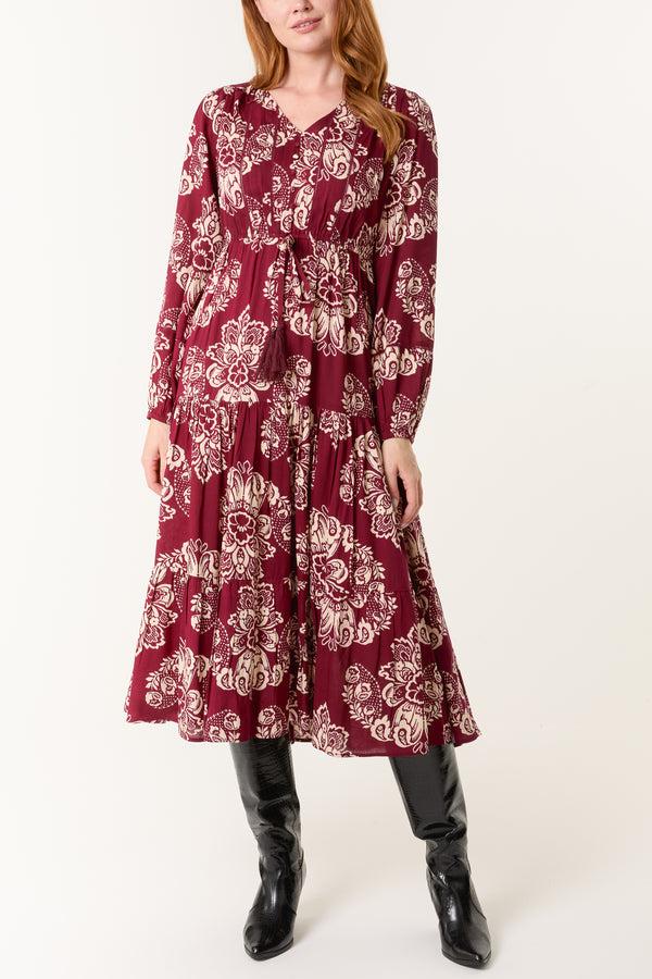 qed london Floral Print Button & Tassel Midi Dress