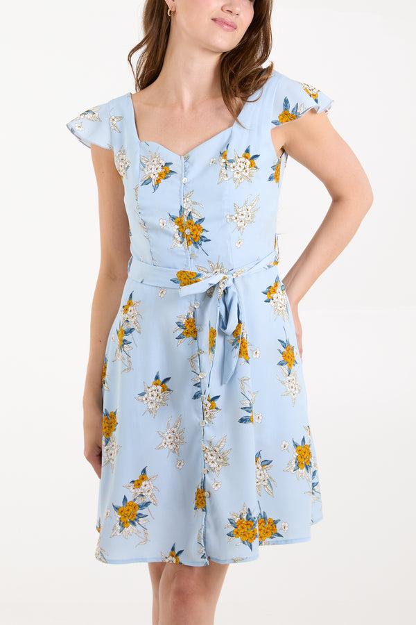 Qed London Floral Print Button Through Tea Dress