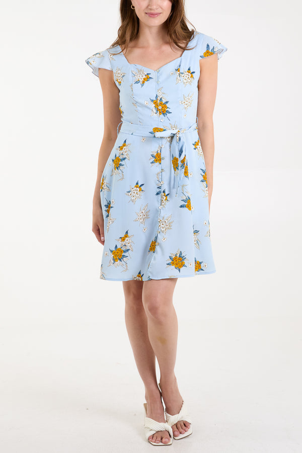 Qed London Floral Print Button Through Tea Dress
