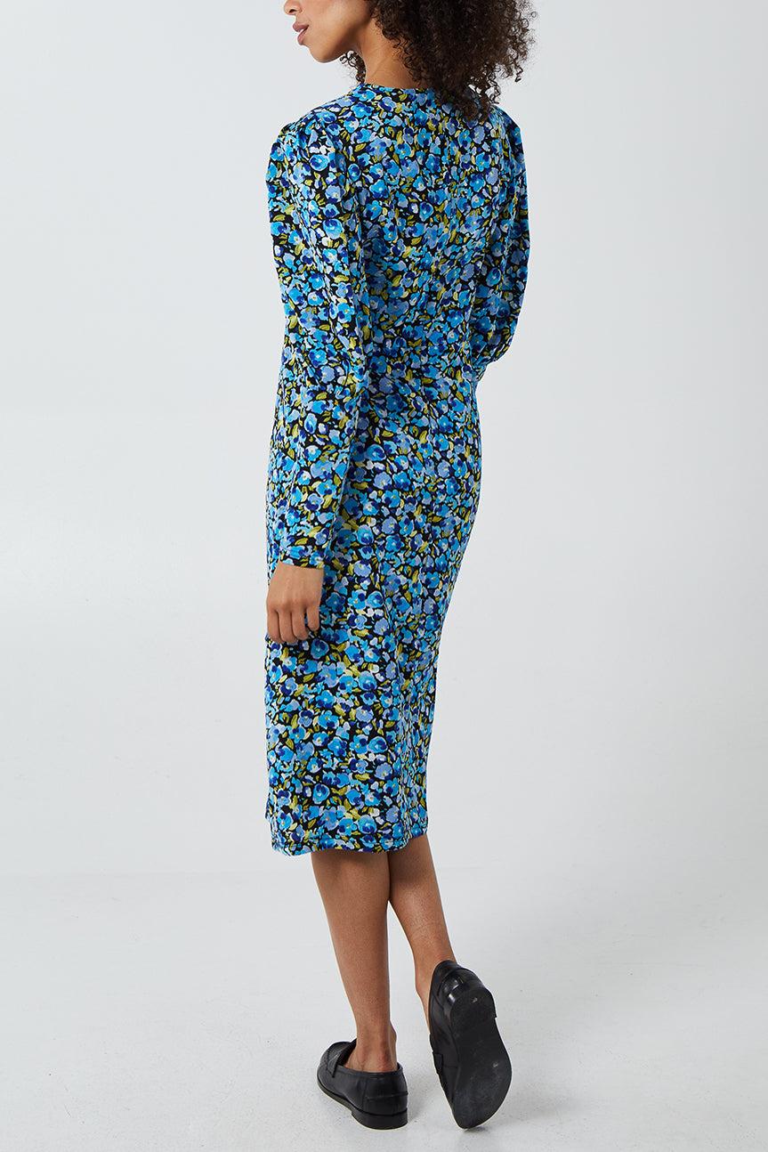 Qed London Floral Print Contrast Sleeve Midi Dress