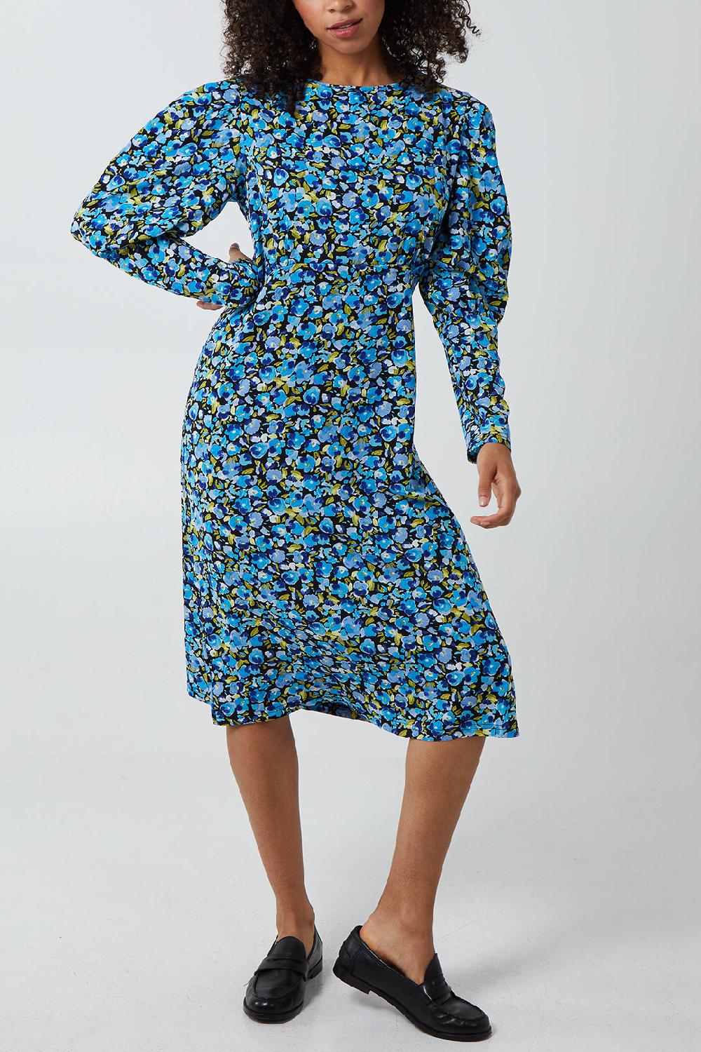 qed london Floral Print Contrast Sleeve Midi Dress