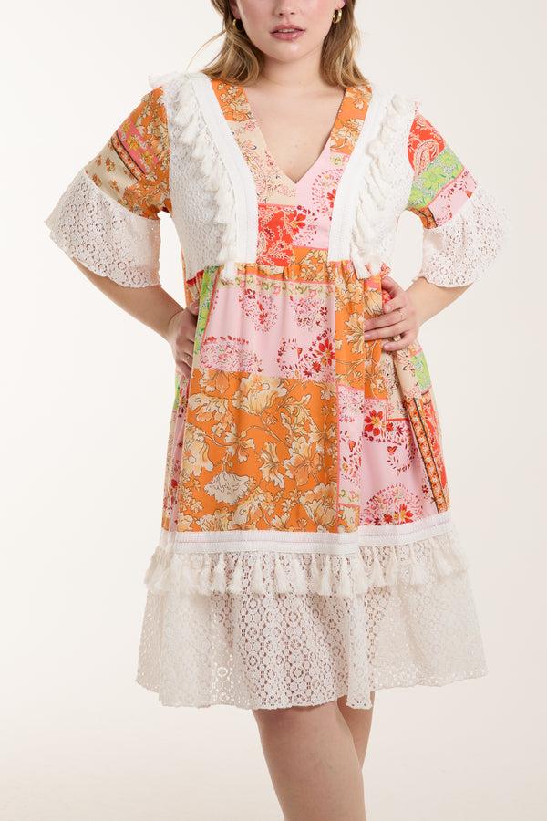 Qed London Floral Print Dress W/ Lace & Tassels