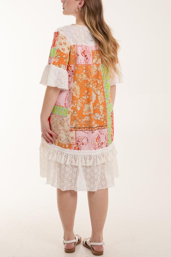 Qed London Floral Print Dress W/ Lace & Tassels