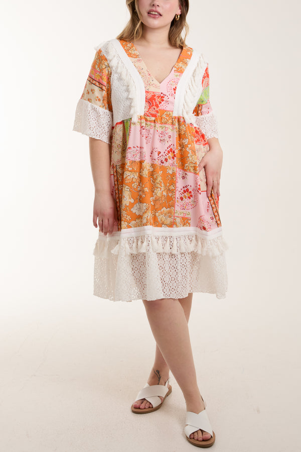 qed london Floral Print Dress w/ Lace & Tassels