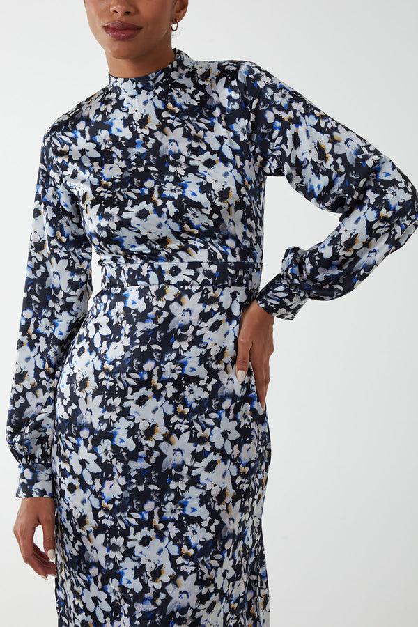 Qed London Floral Print High Neck Satin Midi Dress