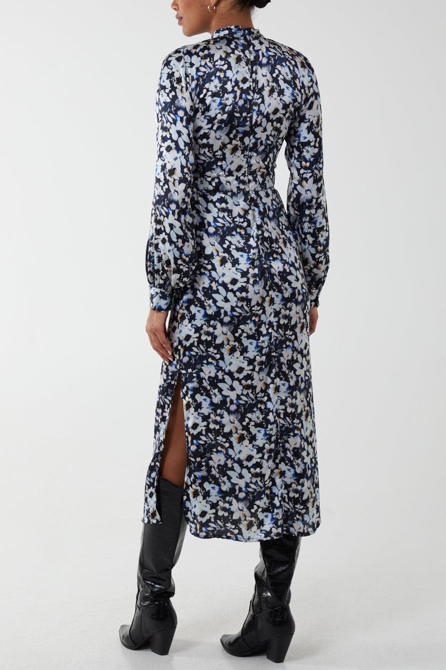 Qed London Floral Print High Neck Satin Midi Dress