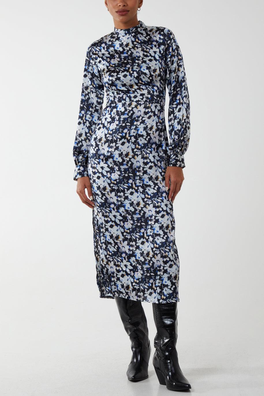 qed london Floral Print High Neck Satin Midi Dress