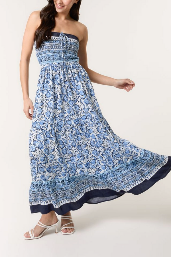 Qed London Floral Print Shirred Bust Bandeau Dress