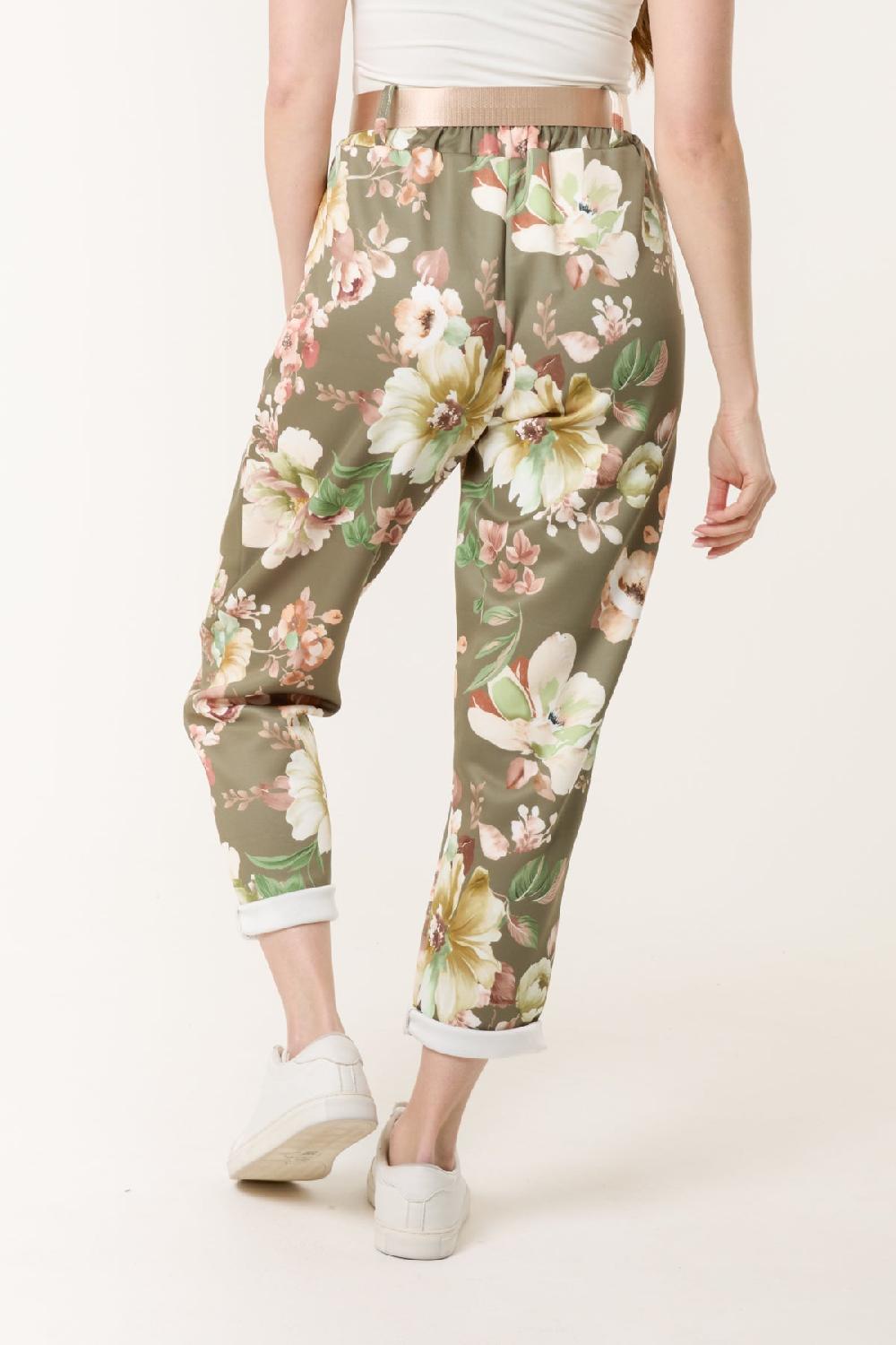 Qed London Floral Print Soft Touch Belted Trousers