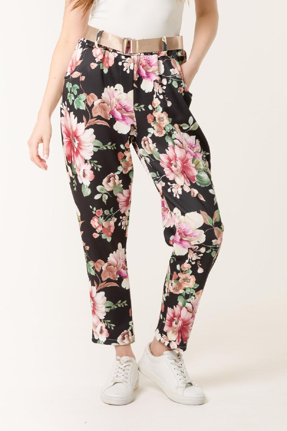 Qed London Floral Print Soft Touch Belted Trousers