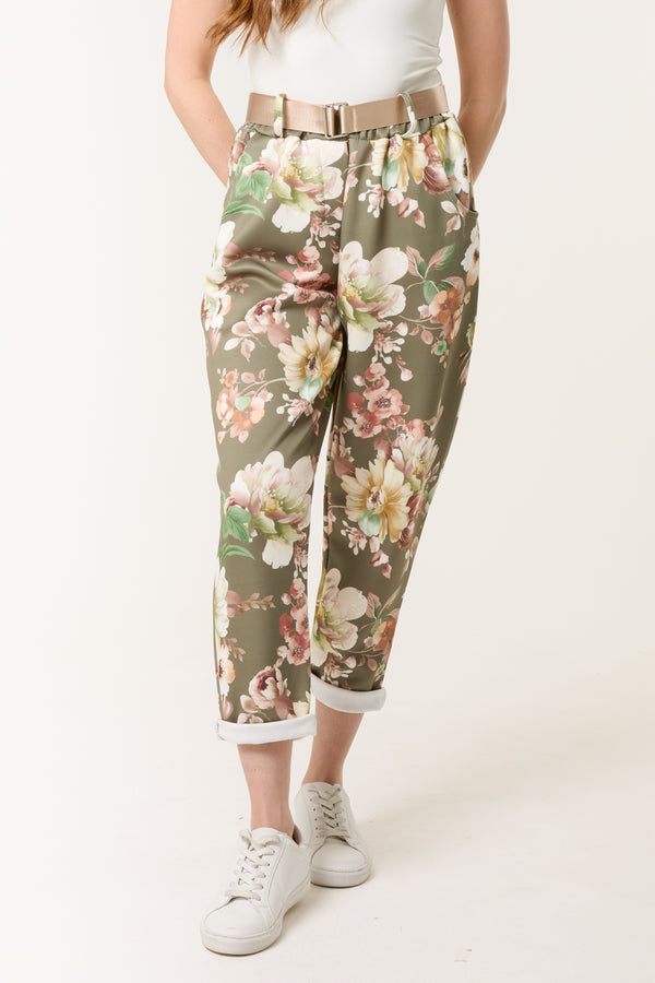 qed london Floral Print Soft Touch Belted Trousers