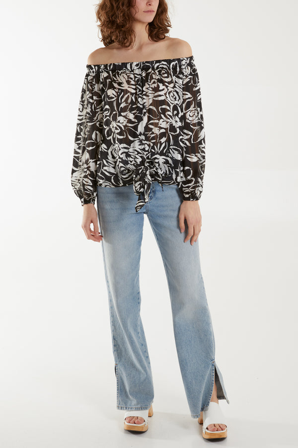 Qed London Floral Print Tie Front Bardot Top