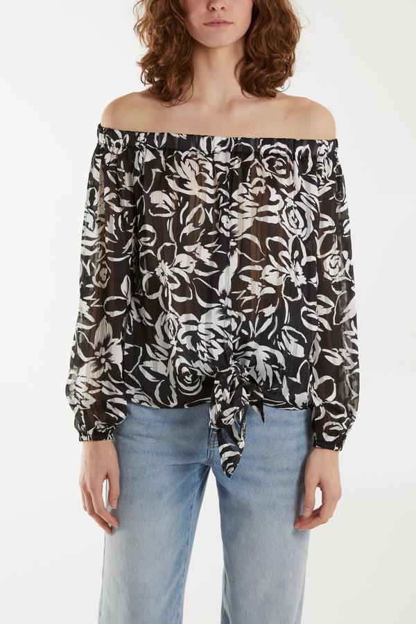 Qed London Floral Print Tie Front Bardot Top