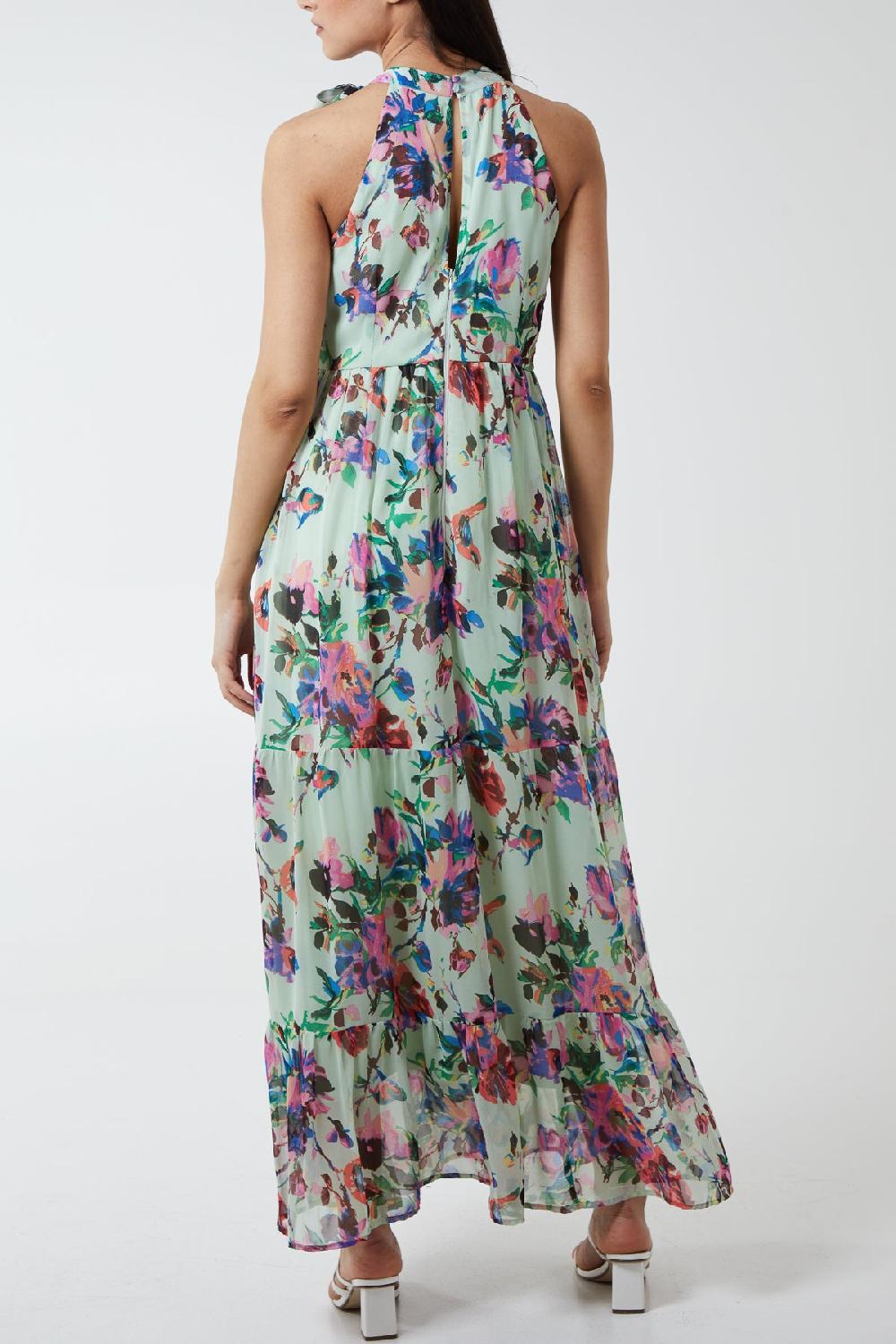 Qed London Floral Print Tie Neck Lined Maxi Dress