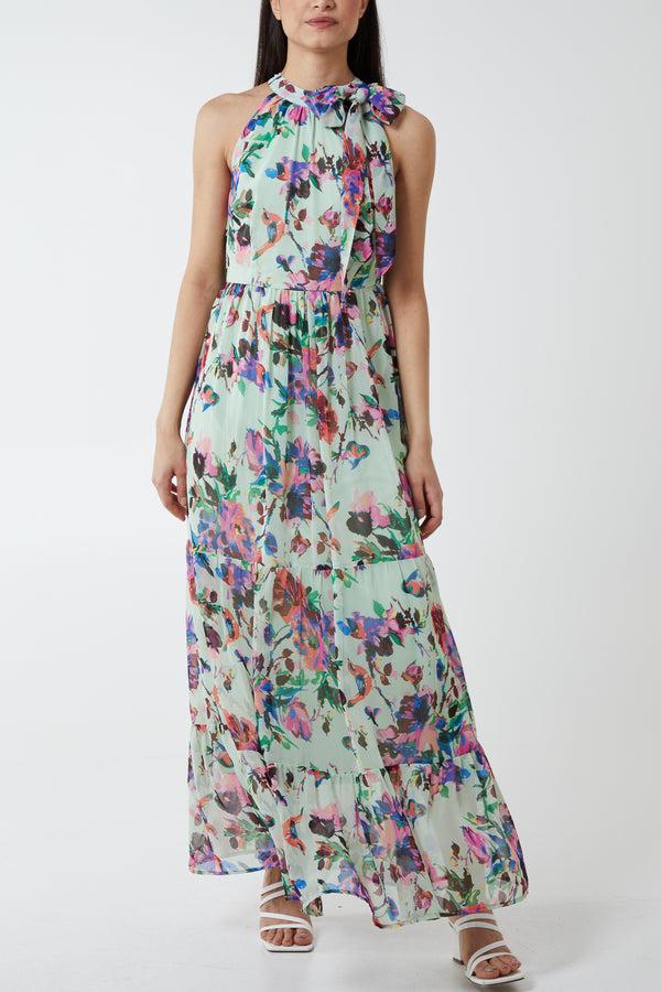 qed london Floral Print Tie Neck Lined Maxi Dress