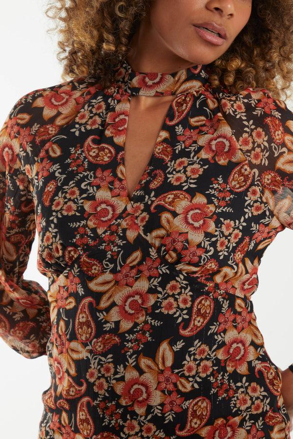 Qed London Floral Raglan Keyhole Midi Dress