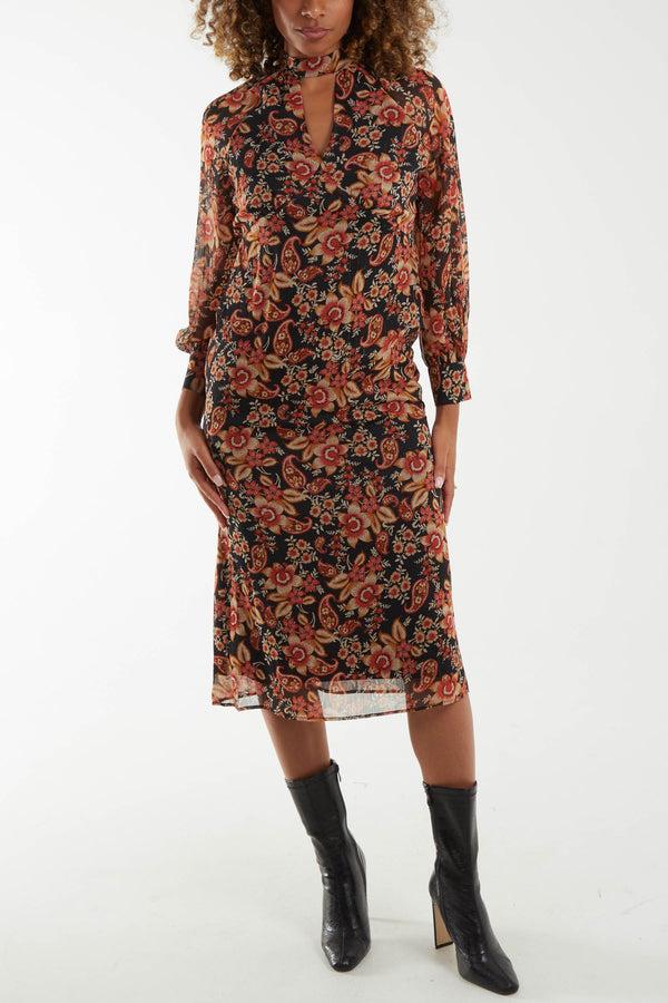 qed london Floral Raglan Keyhole Midi Dress