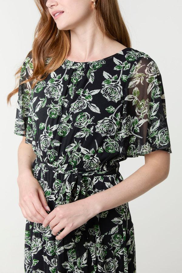 Qed London Floral Round Neck Mesh Midi Dress