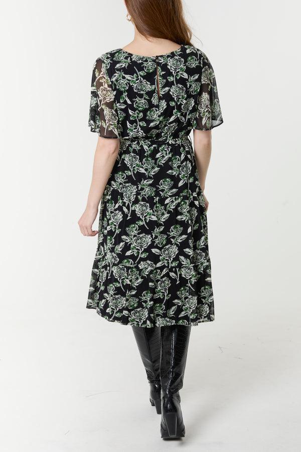 Qed London Floral Round Neck Mesh Midi Dress