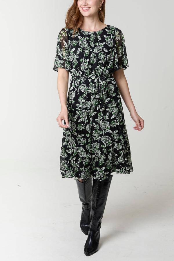 Qed London Floral Round Neck Mesh Midi Dress