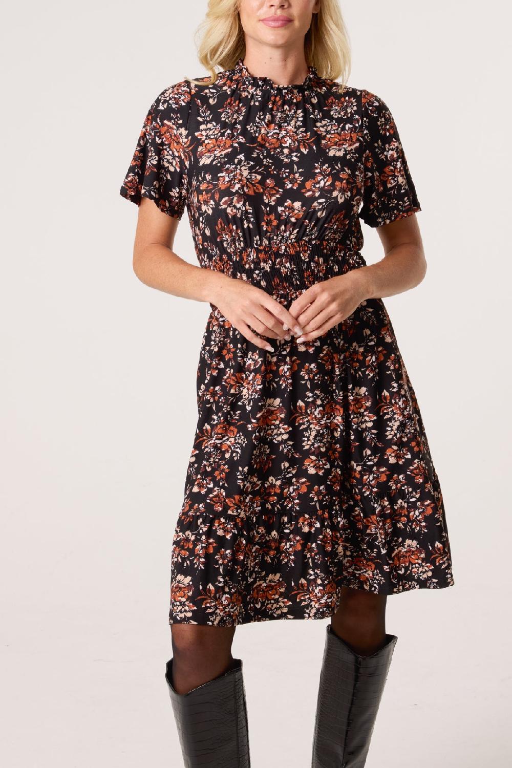 Qed London Floral Ruffle High Neck Stretch Dress