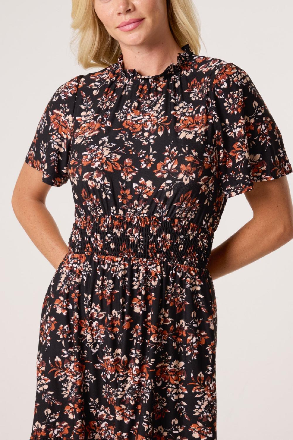 Qed London Floral Ruffle High Neck Stretch Dress