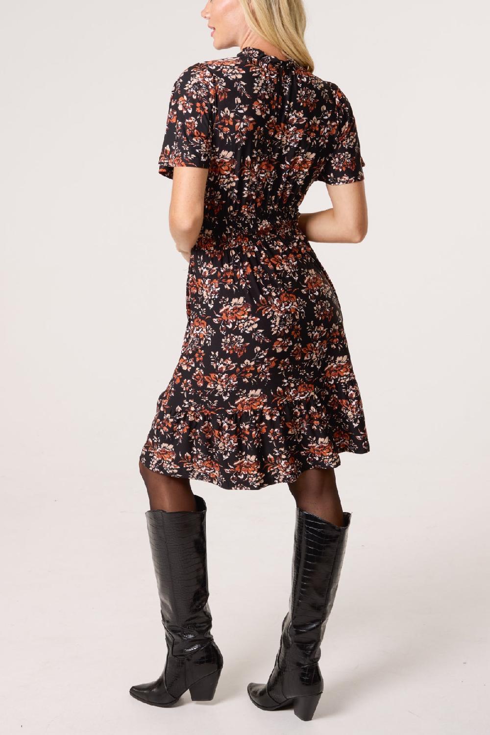 Qed London Floral Ruffle High Neck Stretch Dress