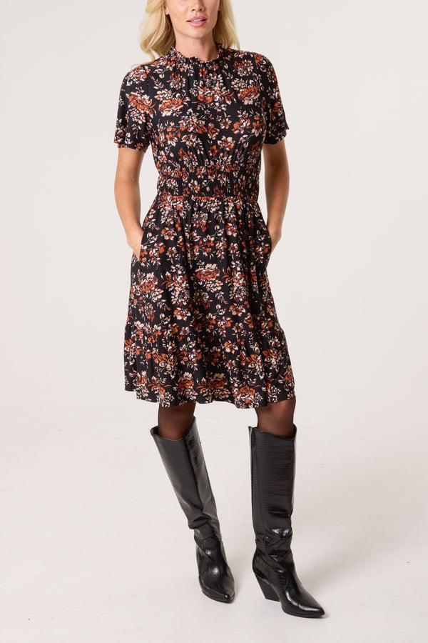 qed london Floral Ruffle High Neck Stretch Dress