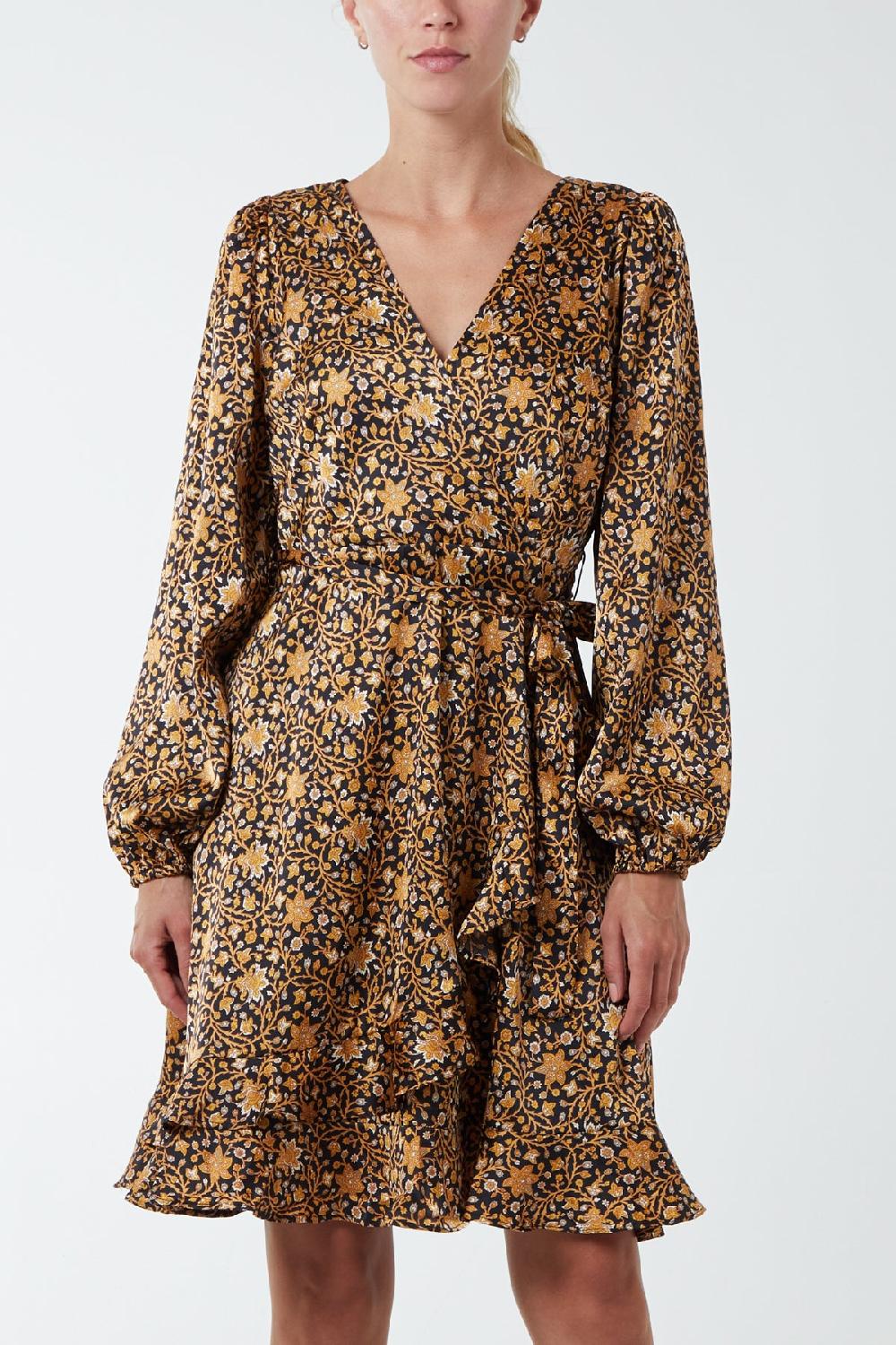 Qed London Floral Ruffle Wrap Tie Dress