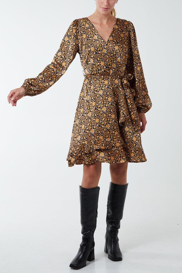 Qed London Floral Ruffle Wrap Tie Dress