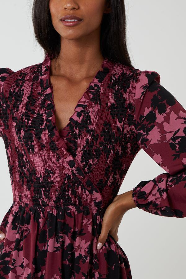 Qed London Floral Shirred Bust Wrap Midi Dress