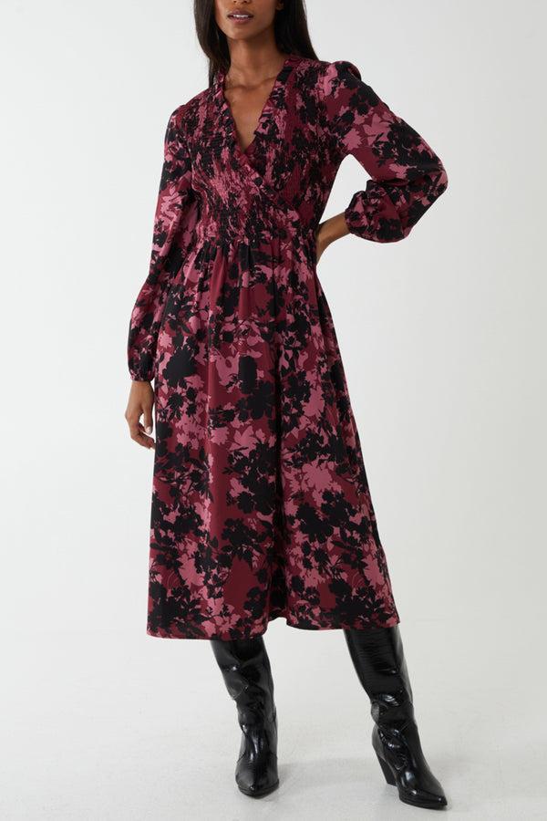 qed london Floral Shirred Bust Wrap Midi Dress