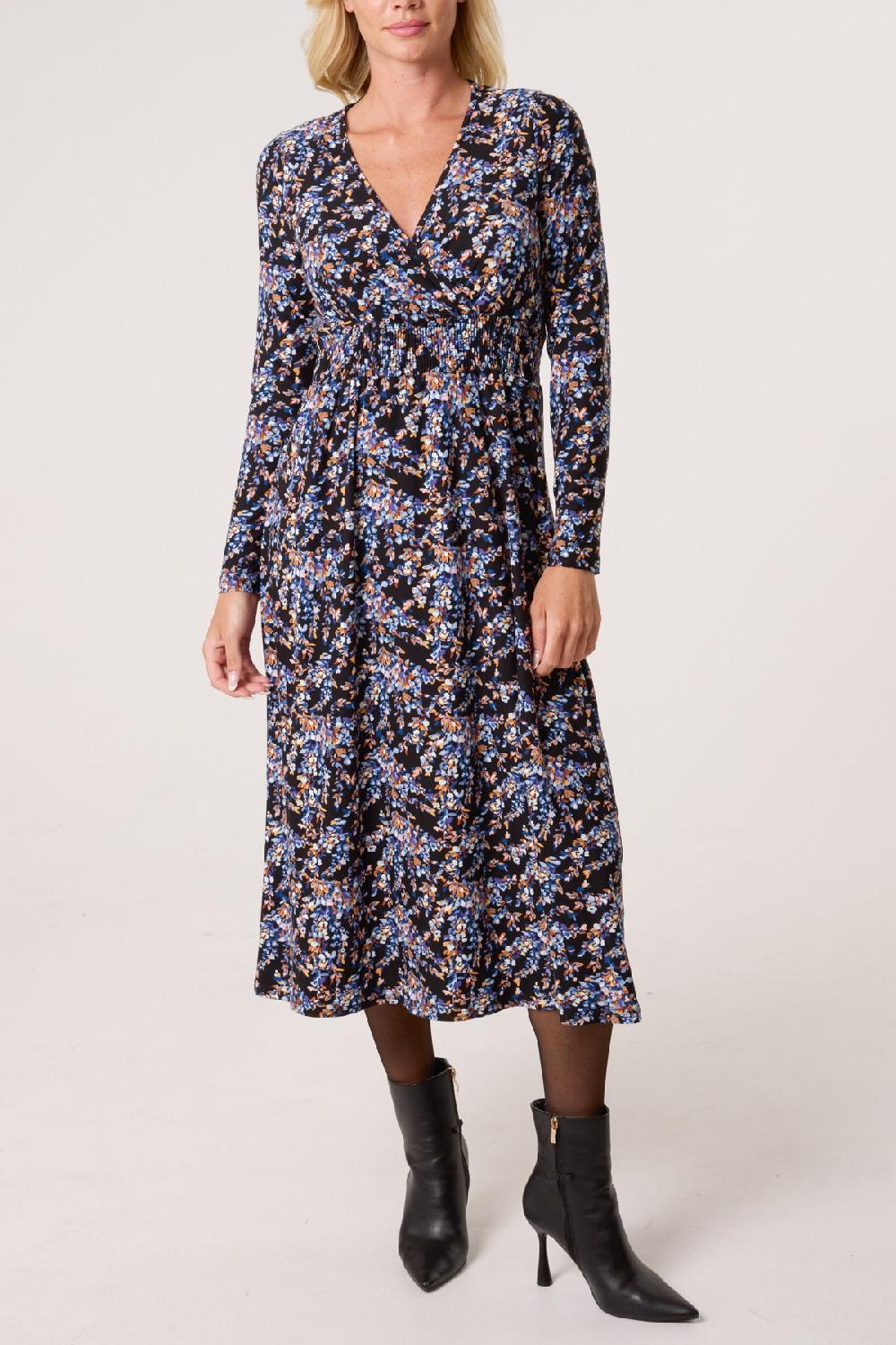 Qed London Floral V Wrap Long Sleeve Stretch Dress