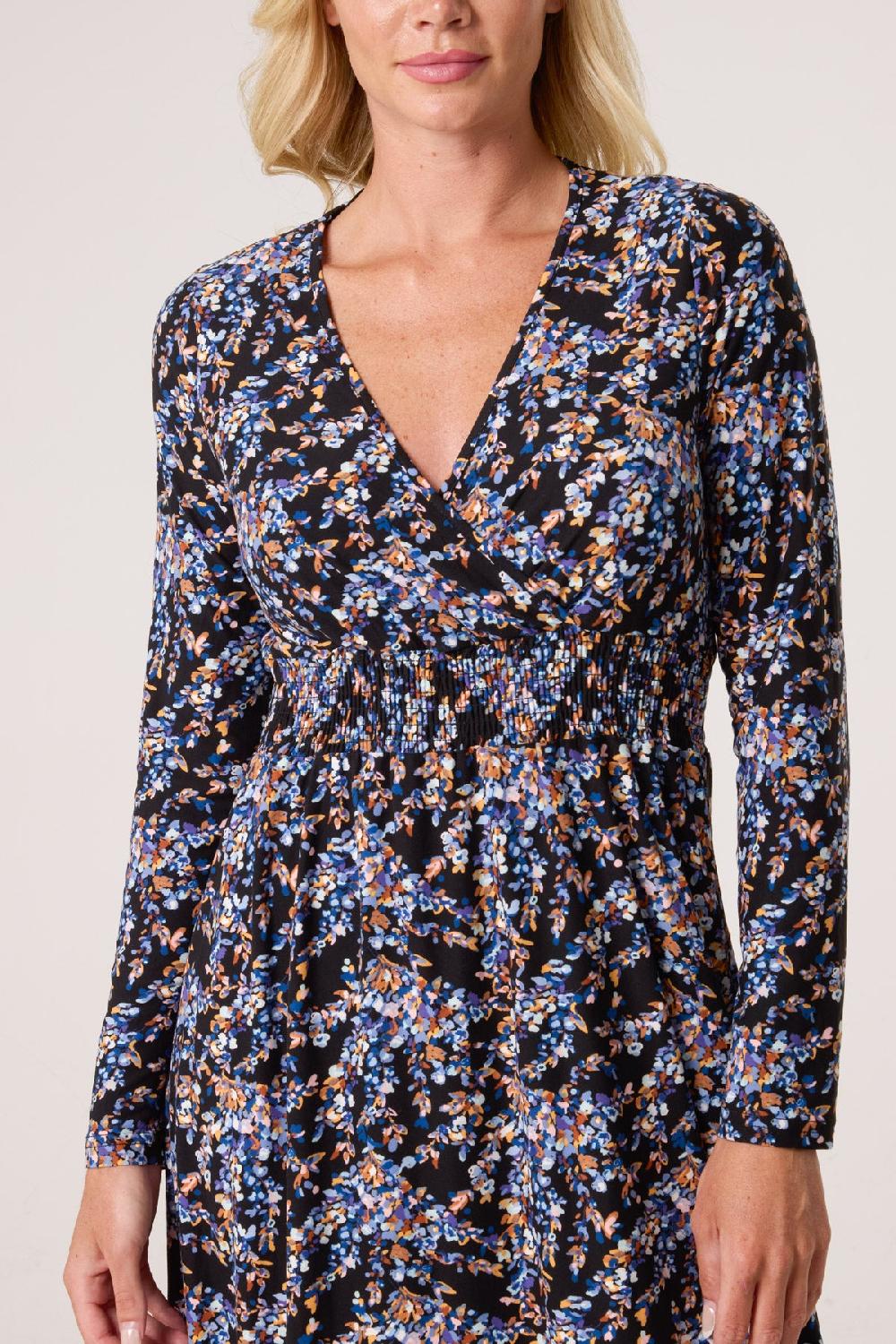 Qed London Floral V Wrap Long Sleeve Stretch Dress
