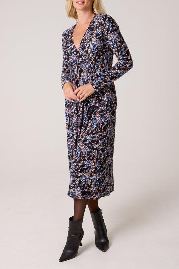 qed london Floral V Wrap Long Sleeve Stretch Dress