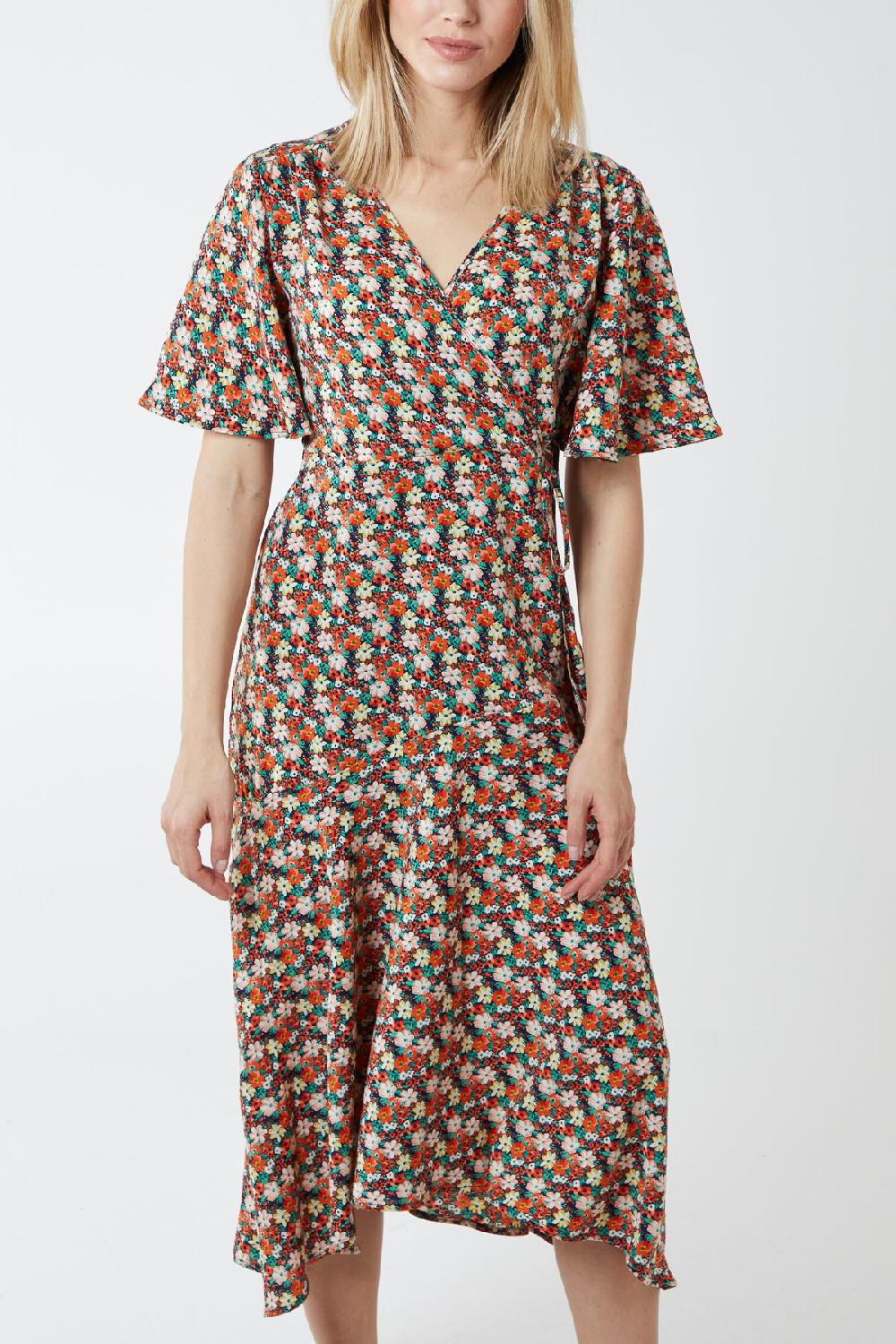 Qed London Floral Wrap Midi Dress