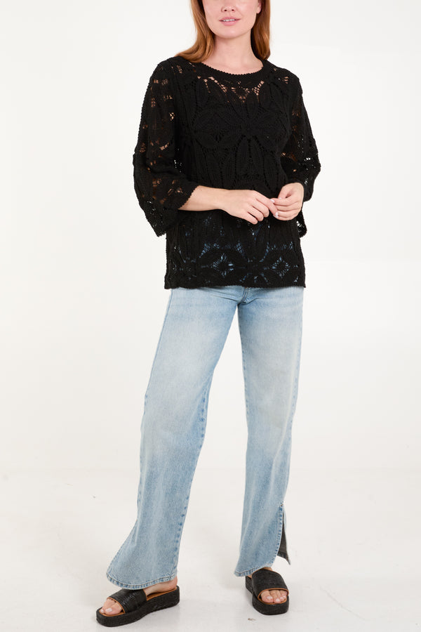 Qed London Flower Crochet Round Neck Top