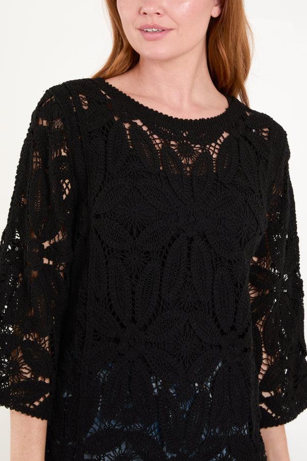 Qed London Flower Crochet Round Neck Top