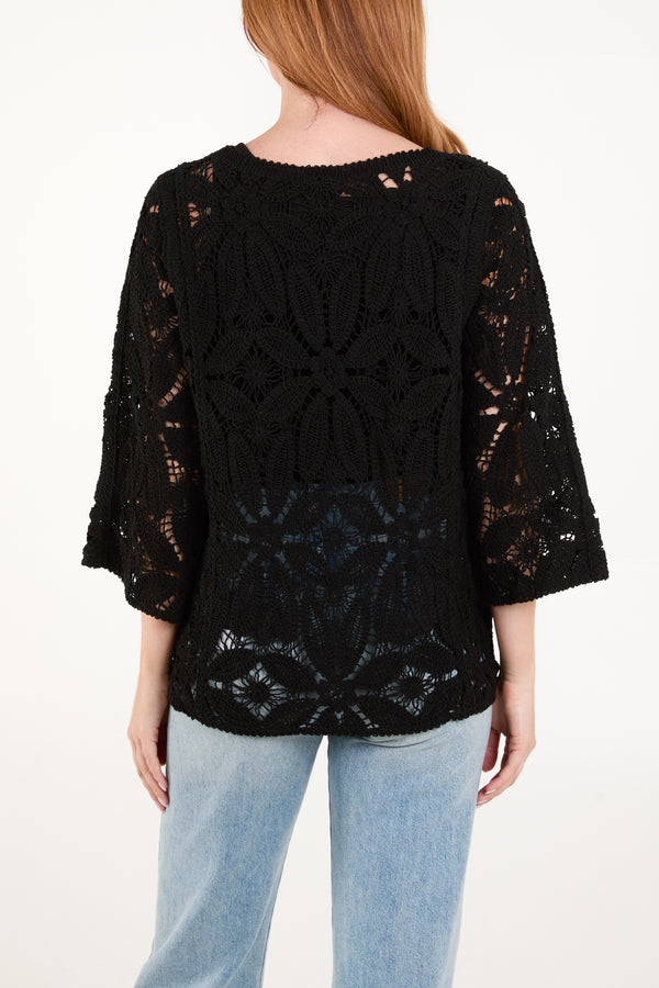 Qed London Flower Crochet Round Neck Top