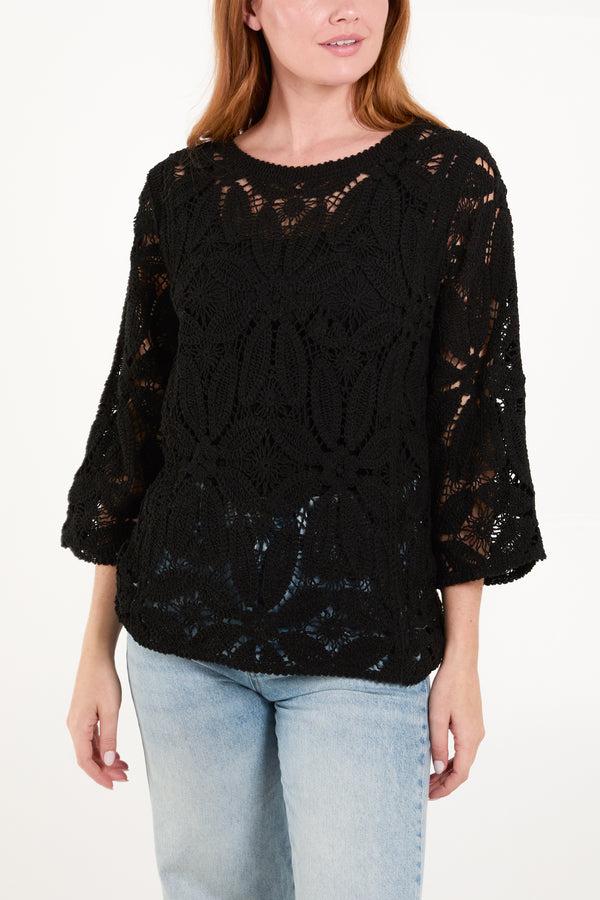 qed london Flower Crochet Round Neck Top