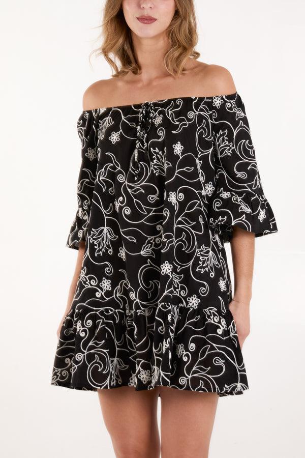 Qed London Flower Embroidered Bardot Smock Dress